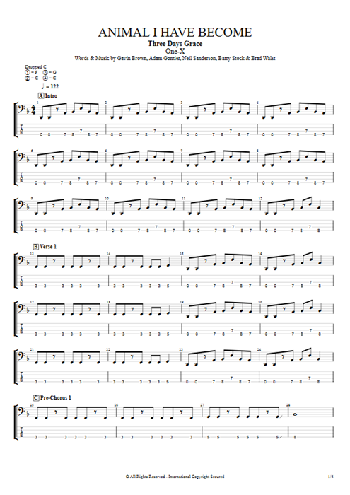 Animal I Have Become Three Days Grace guitar pro tab EBass Full Score mysongbook