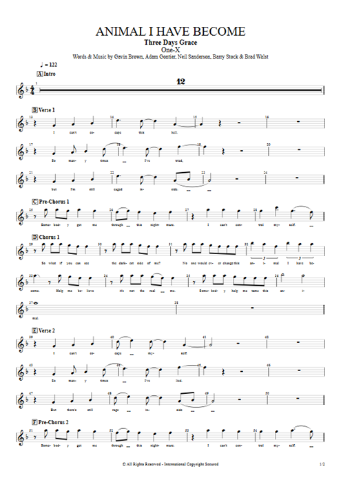 Animal I Have Become Three Days Grace guitar pro tab Vocals Full Score mysongbook