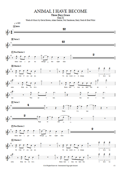Animal I Have Become Three Days Grace guitar pro tab BackVoc Full Score mysongbook