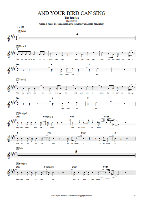 And Your Bird Can Sing The Beatles guitar pro tab Vocals Full Score mysongbook
