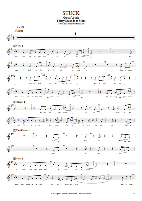 Stuck 30 Seconds to Mars guitar pro tab Vocals Guitar & Vocals mysongbook