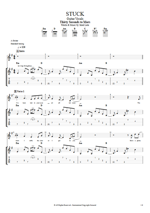Stuck 30 Seconds to Mars guitar pro tab Full Score Guitar & Vocals mysongbook