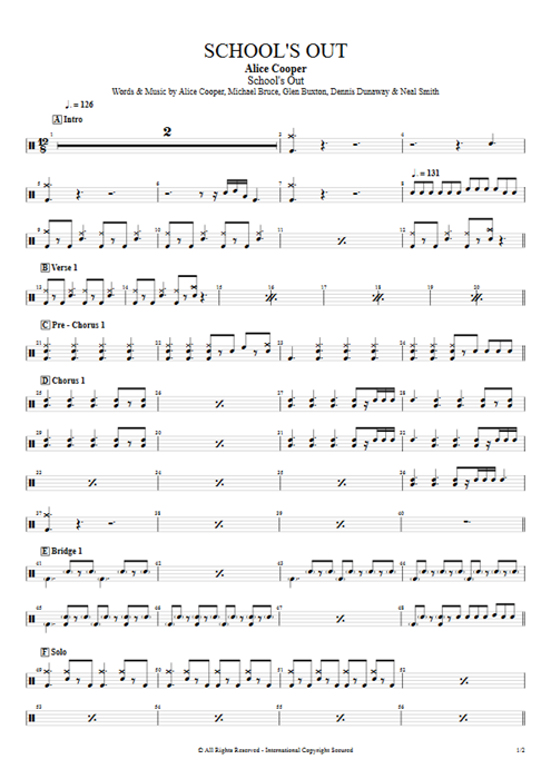 School's Out Alice Cooper guitar pro tab Drums Full Score mysongbook