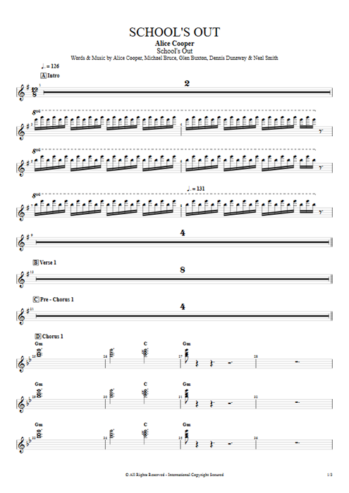 School's Out Alice Cooper guitar pro tab Organ Full Score mysongbook