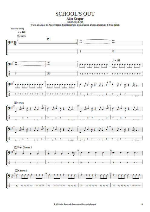 School's Out Alice Cooper guitar pro tab EBass Guitars, Bass & Backing Track mysongbook