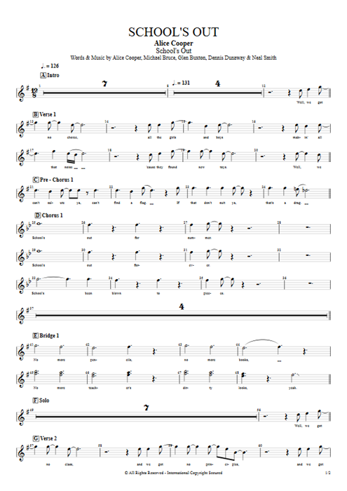 School's Out Alice Cooper guitar pro tab Vocals Guitars, Bass & Backing Track mysongbook
