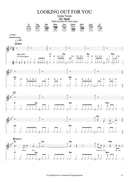 Looking Out For You Joy Again guitar pro tab Full Score Guitare et voix mysongbook