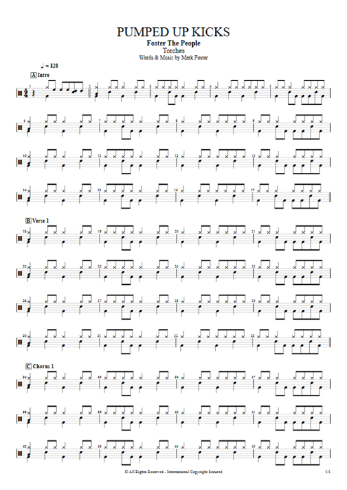 Pumped Up Kicks Foster the People guitar pro tab Drums Full Score mysongbook