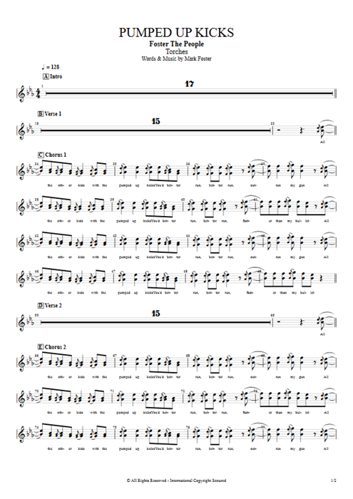 Pumped Up Kicks Foster the People guitar pro tab BackVoc Full Score mysongbook