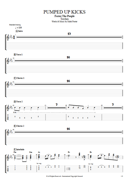 Pumped Up Kicks Foster the People guitar pro tab EGuitarII Guitares et piste d'accompagnement mysongbook