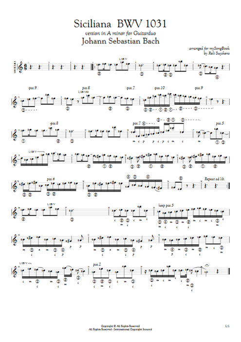 Siciliana BWV 1031 Johann Sebastian Bach guitar pro tab AGuitarI Guitar Duet mysongbook