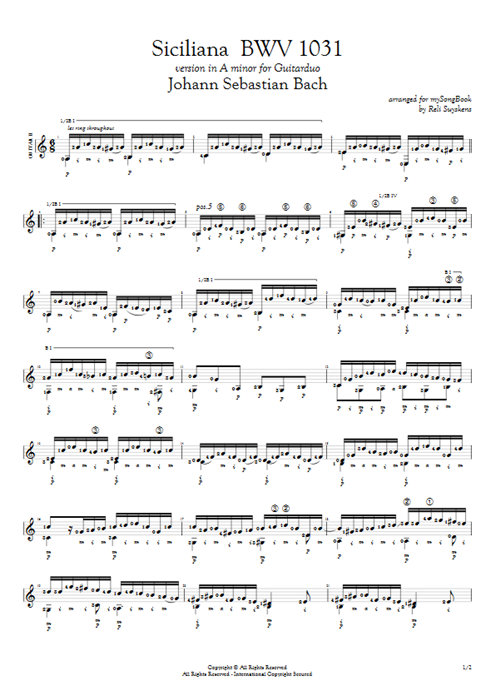 Siciliana BWV 1031 Johann Sebastian Bach guitar pro tab AGuitarII Guitar Duet mysongbook