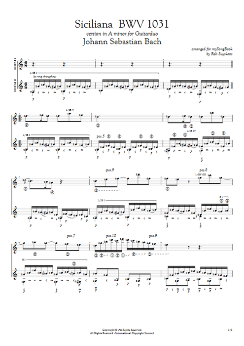 Siciliana BWV 1031 Johann Sebastian Bach guitar pro tab Full Score Guitar Duet mysongbook