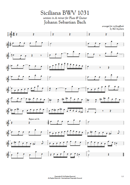 Siciliana BWV 1031 Johann Sebastian Bach guitar pro tab Flute Guitar & Flute mysongbook