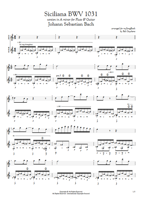 Siciliana BWV 1031 Johann Sebastian Bach guitar pro tab Full Score Guitar & Flute mysongbook