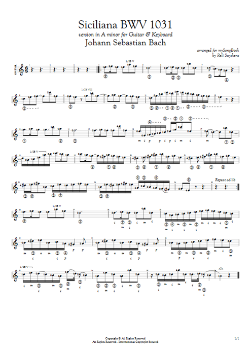 Siciliana BWV 1031 Johann Sebastian Bach guitar pro tab AGuitar Guitar & Harpsichord mysongbook