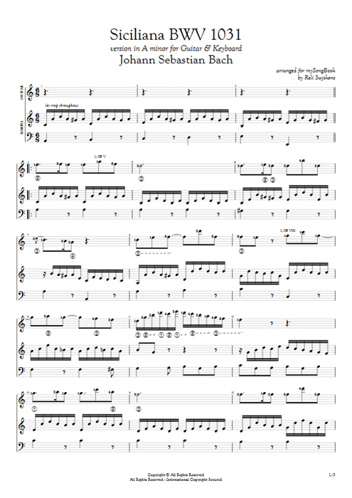 Siciliana BWV 1031 Johann Sebastian Bach guitar pro tab Full Score Guitar & Harpsichord mysongbook