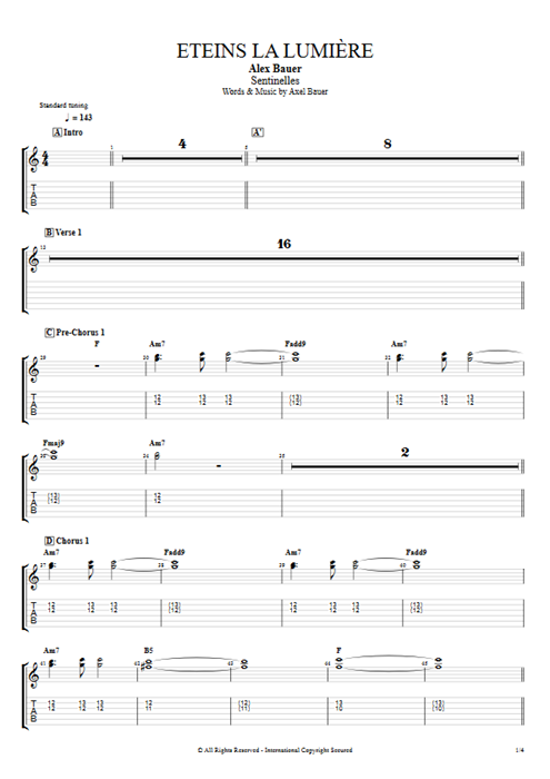 Eteins la lumière Axel Bauer guitar pro tab EGuitarIII Full Score mysongbook
