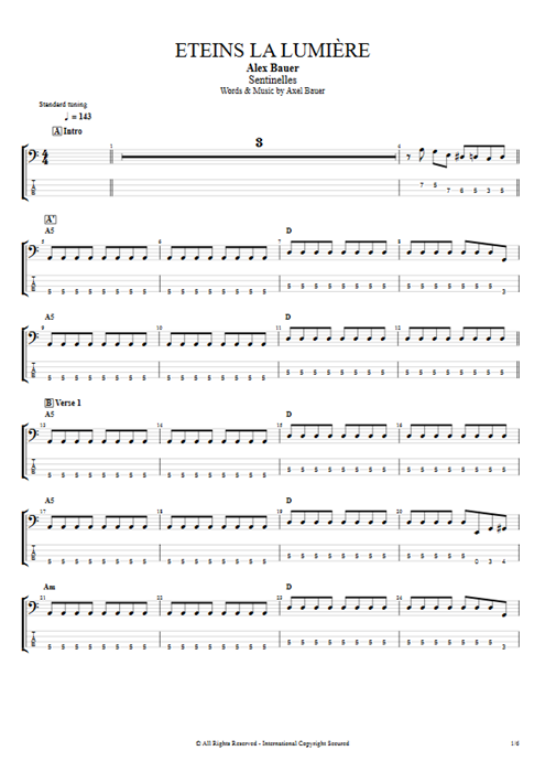 Eteins la lumière Axel Bauer guitar pro tab EBass Full Score mysongbook