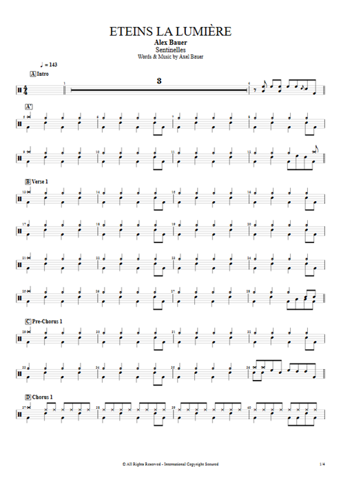 Eteins la lumière Axel Bauer guitar pro tab Drums Full Score mysongbook