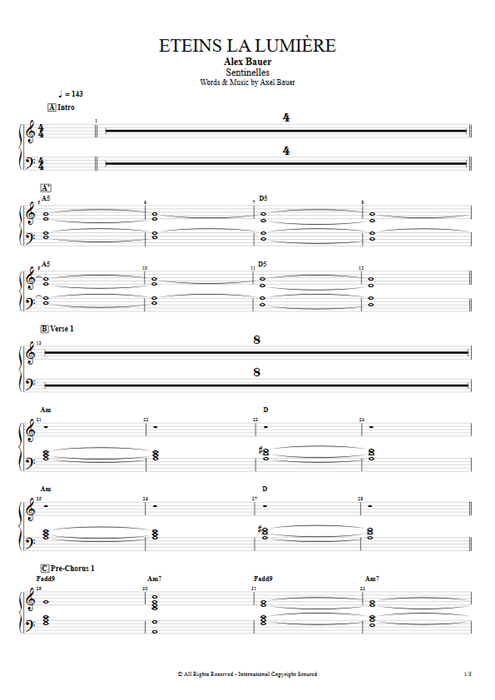 Eteins la lumière Axel Bauer guitar pro tab PadSynth Full Score mysongbook