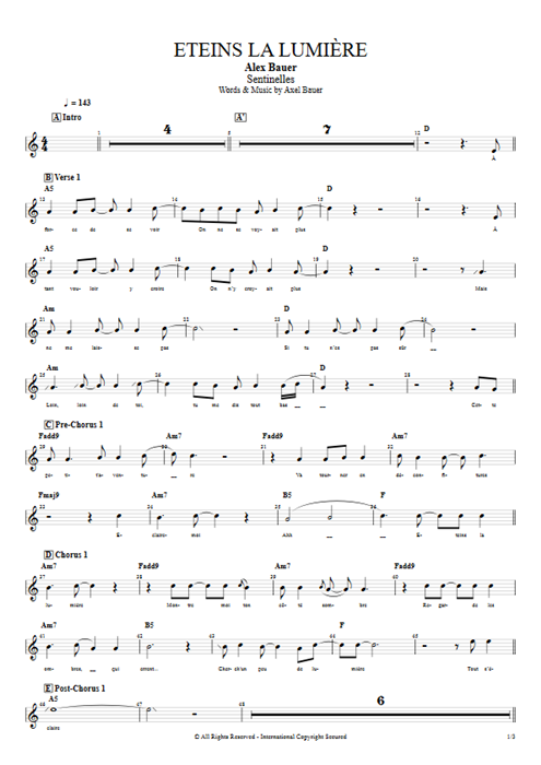 Eteins la lumière Axel Bauer guitar pro tab Vocals Full Score mysongbook