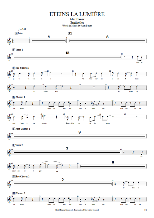 Eteins la lumière Axel Bauer guitar pro tab BackVoc Full Score mysongbook