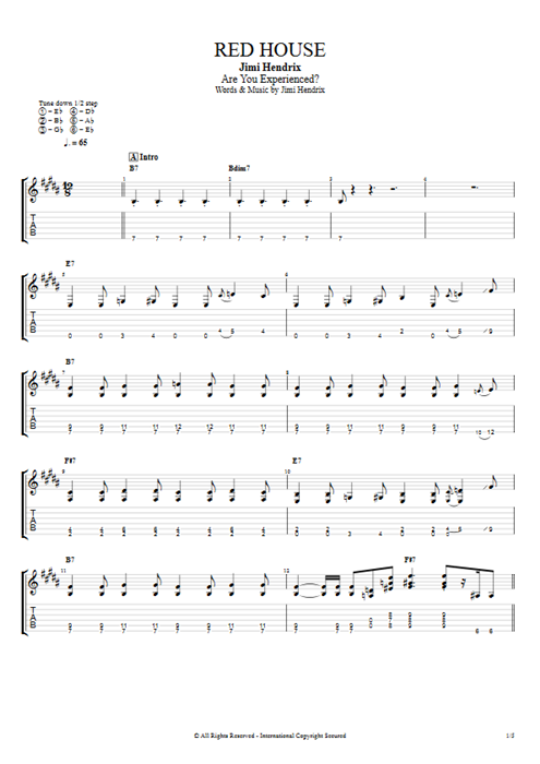 Red House Jimi Hendrix guitar pro tab EGuitarII Full Score mysongbook