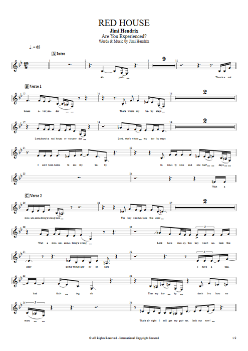 Red House Jimi Hendrix guitar pro tab Vocals Full Score mysongbook