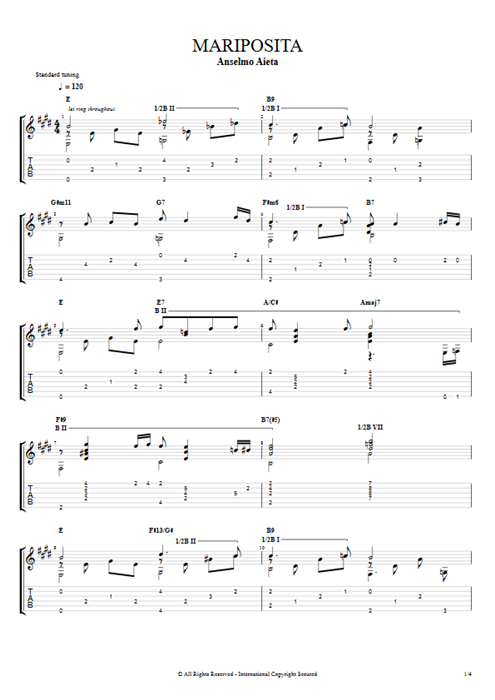 Mariposita Anselmo Aieta guitar pro tab AGuitar Guitare seule mysongbook