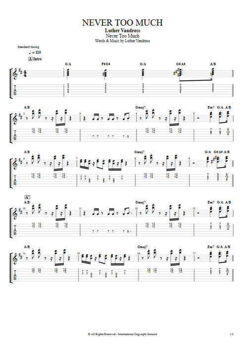 Never Too Much Luther Vandross guitar pro tab EGuitar Full Score mysongbook
