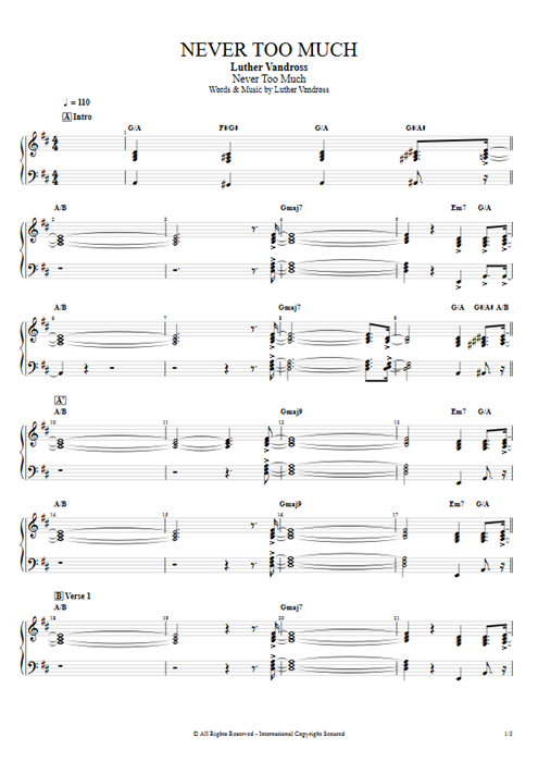 Never Too Much Luther Vandross guitar pro tab Piano Full Score mysongbook