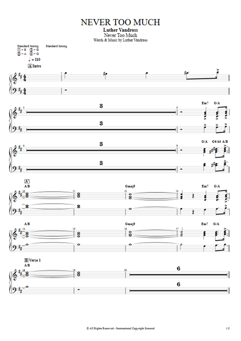 Never Too Much Luther Vandross guitar pro tab Strings Full Score mysongbook