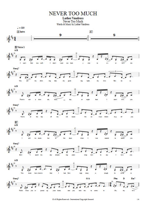 Never Too Much Luther Vandross guitar pro tab Vocals Guitare, basse et piste d'accompagnement mysongbook
