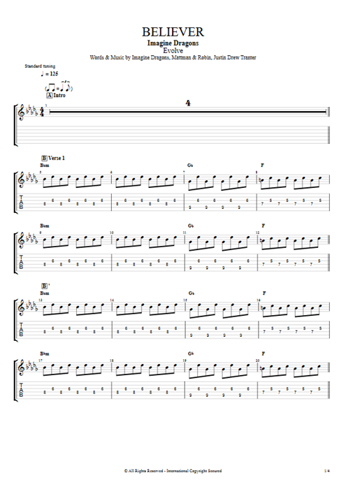 Believer Imagine Dragons guitar pro tab AGuitar Full Score mysongbook