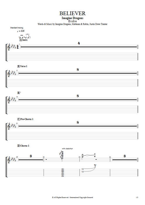 Believer Imagine Dragons guitar pro tab EGuitarII Full Score mysongbook