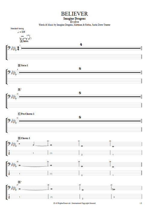 Believer Imagine Dragons guitar pro tab EBass Full Score mysongbook