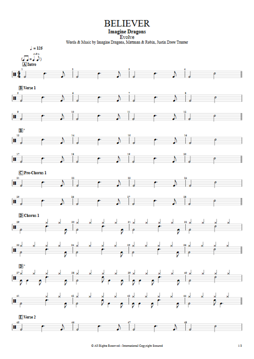 Believer Imagine Dragons guitar pro tab Drums Full Score mysongbook