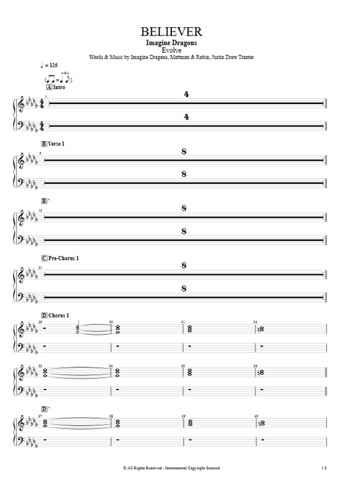 Believer Imagine Dragons guitar pro tab PadSynth Full Score mysongbook