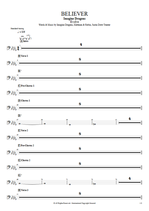 Believer Imagine Dragons guitar pro tab BassSynthII Full Score mysongbook