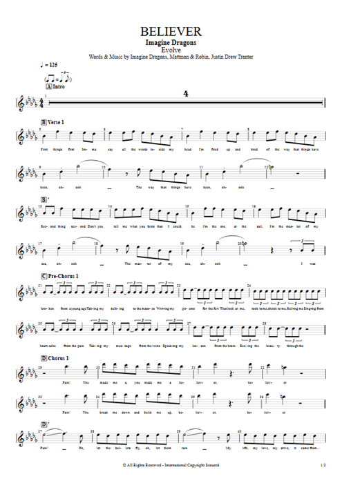 Believer Imagine Dragons guitar pro tab Vocals Full Score mysongbook