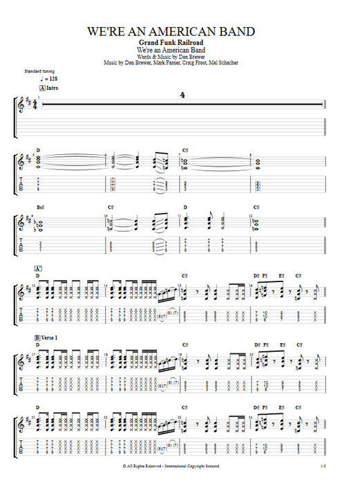 We're an American Band Grand Funk Railroad guitar pro tab EGuitarI Full Score mysongbook