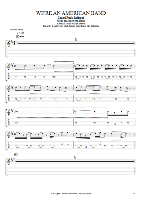 We're an American Band Grand Funk Railroad guitar pro tab EGuitarII Full Score mysongbook