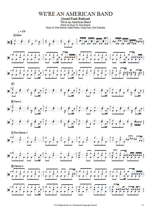 We're an American Band Grand Funk Railroad guitar pro tab Drums Full Score mysongbook