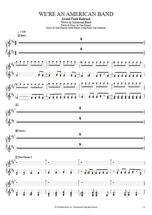 We're an American Band Grand Funk Railroad guitar pro tab Organ Full Score mysongbook
