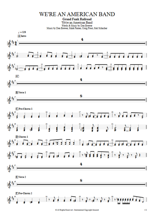 We're an American Band Grand Funk Railroad guitar pro tab Clavinet Full Score mysongbook