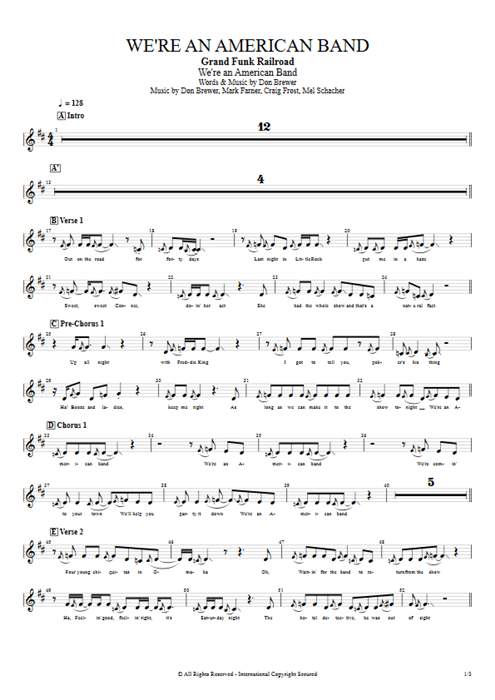 We're an American Band Grand Funk Railroad guitar pro tab Vocals Full Score mysongbook