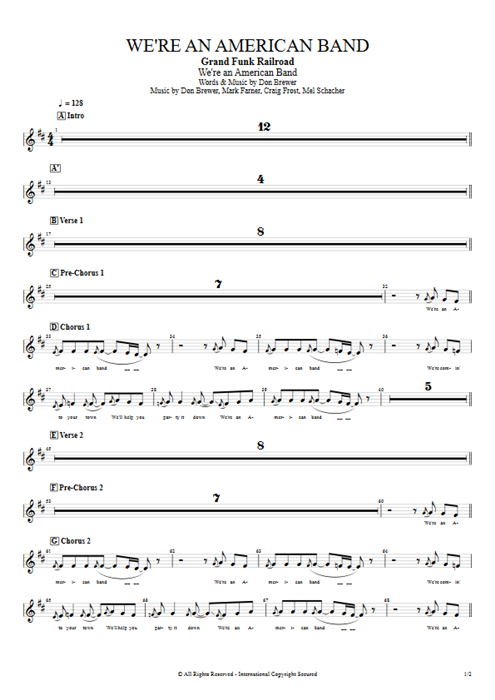 We're an American Band Grand Funk Railroad guitar pro tab BackVoc Full Score mysongbook