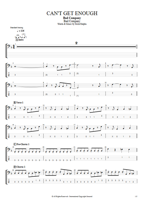 Can't Get Enough Bad Company guitar pro tab EBass Full Score mysongbook