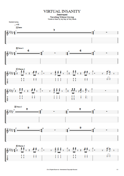 Virtual Insanity Jamiroquai guitar pro tab EGuitarI Full Score mysongbook